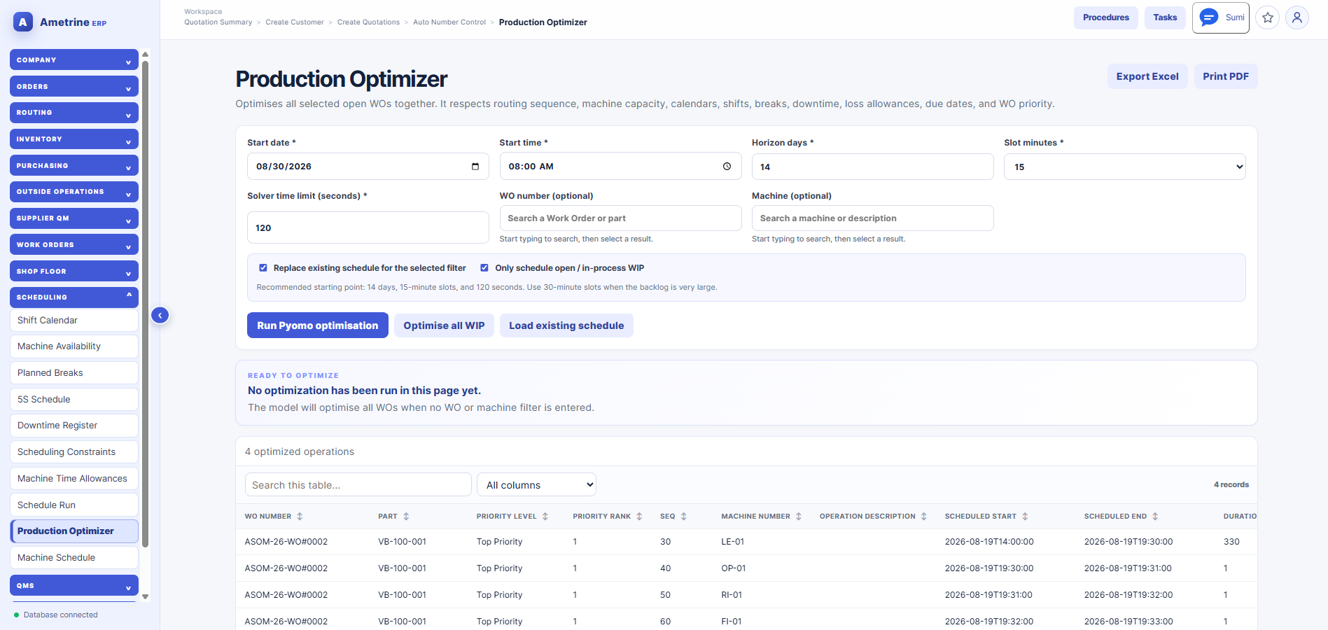 Ametrine Production Optimizer screen