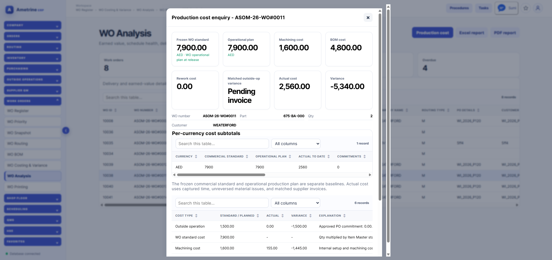 Ametrine Work Order Analysis screen